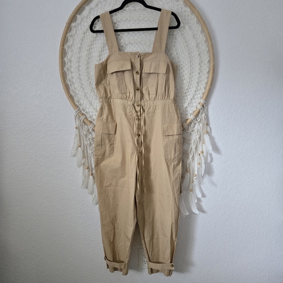 ZARA Poplin Cargo Overall Jumpsuit Tan Color Size Medium - Picture 6 of 13